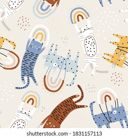 Seamless childish pattern with flying cats on rainbows. Creative kids hand drawn texture for fabric, wrapping, textile, wallpaper, apparel. Vector illustration