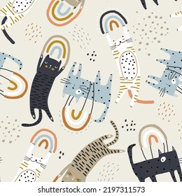 Seamless childish pattern with flying on rainbows cats. Creative kids hand drawn texture for fabric, wrapping, textile, wallpaper, apparel. Vector illustration