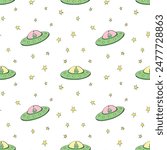 Seamless childish pattern with Flying Saucers, UFO, cute aliens. Vector background and texture for fabric, wrapping, wallpaper, textile, apparel, cover