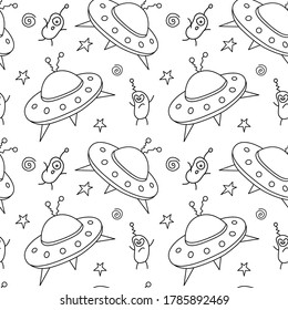 Seamless childish pattern with Flying Saucers, UFO, cute aliens. Vector background and texture for fabric, wrapping, wallpaper, textile, apparel, cover, coloring book