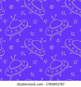 Seamless childish pattern with Flying Saucers, UFO. Vector background and texture for fabric, wrapping, wallpaper, textile, apparel, cover