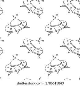 Seamless childish pattern with Flying Saucers, UFO. Vector background and texture for fabric, wrapping, wallpaper, textile, apparel, cover, coloring book