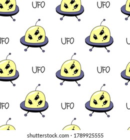 Seamless childish pattern with Flying Saucers, UFO, cute aliens. Vector background and texture for fabric, wrapping, wallpaper, textile, apparel, cover