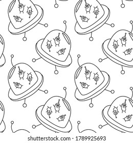 Seamless childish pattern with Flying Saucers, UFO, cute aliens. Vector background and texture for fabric, wrapping, wallpaper, textile, apparel, cover, coloring book