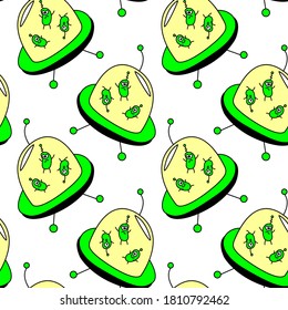 Seamless childish pattern with Flying Saucers, UFO, cute aliens. Vector background and texture for fabric, wrapping, wallpaper, textile, apparel, cover
