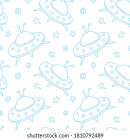 Seamless childish pattern with Flying Saucers, UFO. Vector background and texture for fabric, wrapping, wallpaper, textile, apparel, cover, coloring book