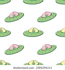 Seamless childish pattern with Flying Saucers, UFO, cute aliens. Vector background and texture for fabric, wrapping, wallpaper, textile, apparel, cover