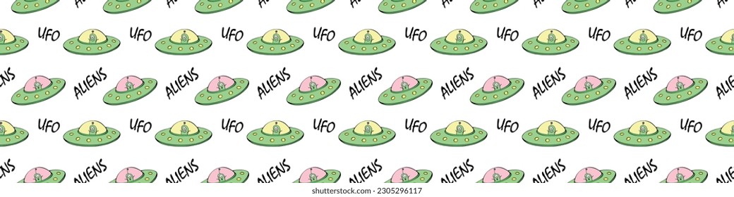 Seamless childish pattern with Flying Saucers, UFO, cute aliens. Vector background and texture for fabric, wrapping, wallpaper, textile, apparel, cover