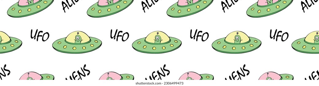 Seamless childish pattern with Flying Saucers, UFO, cute aliens. Vector background and texture for fabric, wrapping, wallpaper, textile, apparel, cover