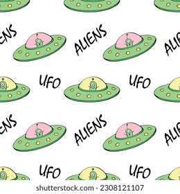 Seamless childish pattern with Flying Saucers, UFO, cute aliens. Vector background and texture for fabric, wrapping, wallpaper, textile, apparel, cover
