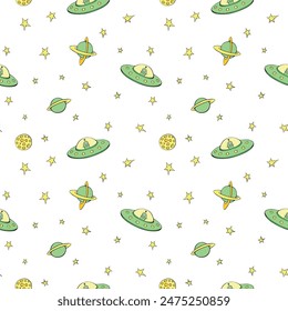 Patrón infantil sin costuras con platillos voladores, extraterrestres lindos, estrellas, planetas. Fondo de Vector y textura del tema del espacio, OVNI, fantástico, niños diseño