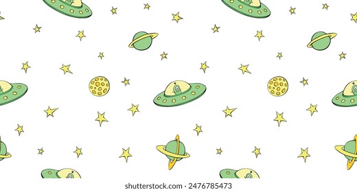 Seamless childish pattern with Flying Saucers, cute aliens, stars, planets. Vector background and texture of theme of space, UFO, fantastic, kids design