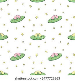 Seamless childish pattern with Flying Saucers, UFO, cute aliens. Vector background and texture for fabric, wrapping, wallpaper, textile, apparel, cover