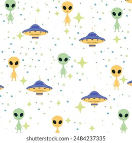 Nahtloses kindisches Muster mit fliegenden Untertassen, UFO, niedliche Aliens. Vektorgrafik Hintergrund und Textur für Stoff, Verpackung, Bildschirmhintergrund, Textil, Bekleidung, Bezug