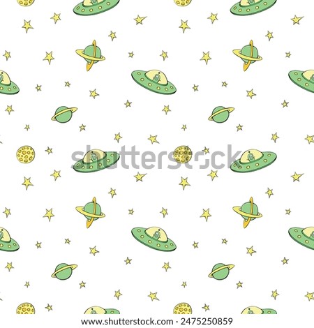 Seamless childish pattern with Flying Saucers, cute aliens, stars, planets. Vector background and texture of theme of space, UFO, fantastic, kids design