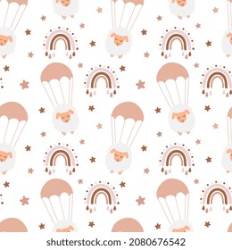 Seamless childish pattern with flying sheep by parachute between the rainbows. Baby texture for fabric, wrapping, textile, wallpaper, clothing. Vector illustration