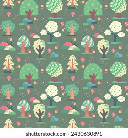 Seamless childish pattern with forest. Green background. Forest pattern with trees, mushrooms and flowers. Perfect for kids design, fabric, wrapping, wallpaper, baby shower, children room decoration.