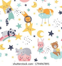 Seamless childish pattern with fox, bear, lion, panda, racoon, bunny, elephant, clouds, moon and stars. Creative kids texture for fabric, wrapping, textile, wallpaper, apparel. Vector illustration