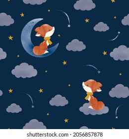 Seamless childish pattern with fox, clouds, stars, with moon. Creative kids texture for fabric, wrapping, textile, wallpaper, apparel. watercolor - Vector illustration 