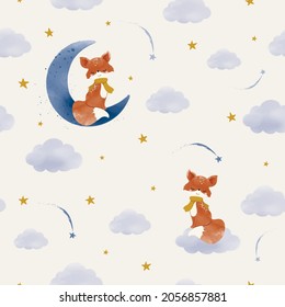 Seamless childish pattern with fox, clouds, stars, with moon. Creative kids texture for fabric, wrapping, textile, wallpaper, apparel. watercolor - Vector illustration 