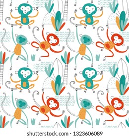 Seamless childish pattern with funny African monkeys. Creative scandinavian kids texture for fabric, wrapping, textile, wallpaper, apparel. Vector illustration background in red, green and yellow.