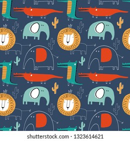 Seamless childish pattern with funny African animals. Creative scandinavian kids texture for fabric, wrapping, textile, wallpaper, apparel. Vector illustration background in red, green and yellow.