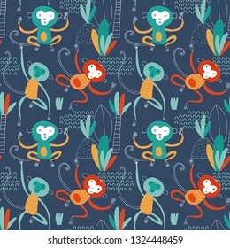 Seamless childish pattern with funny African monkeys. Creative scandinavian kids texture for fabric, wrapping, textile, wallpaper, apparel. Vector illustration background in red, green and yellow.
