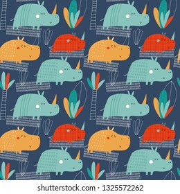 Seamless childish pattern with funny African rhinoceros. Creative scandinavian kids texture for fabric, wrapping, textile, wallpaper, apparel. Vector illustration background in red, green and yellow.