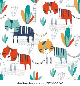 Seamless childish pattern with funny African tigers. Creative scandinavian kids texture for fabric, wrapping, textile, wallpaper, apparel. Vector illustration background in red, green and yellow.