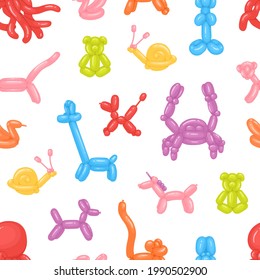 Seamless childish pattern with funny air balloon animal-shaped toys on white background for printing. Children s repeatable texture for wrapping and decoration. Colored flat vector illustration