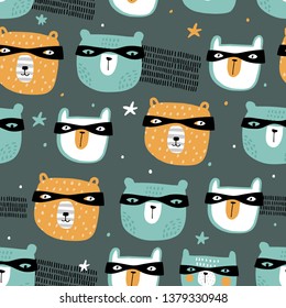 Seamless childish pattern with funny animal superheroes. Creative kids texture for fabric, wrapping, textile, wallpaper, apparel. Vector illustration. 