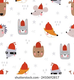 Seamless childish pattern with funny animal heads in a hat in winter on a white background. Creative kids texture for fabric, wrapping, textile, wallpaper, apparel. Vector illustration.