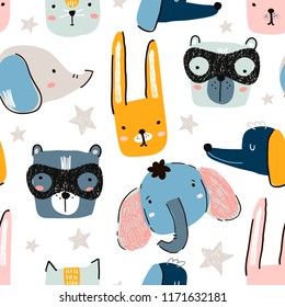 Seamless childish pattern with funny animals faces . Creative scandinavian kids texture for fabric, wrapping, textile, wallpaper, apparel. Vector illustration