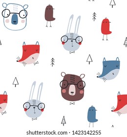 Seamless childish pattern with funny animals faces: Forest in autumn. Creative scandinavian kids texture for fabric, wrapping, textile, wallpaper, apparel. Vector illustration in red, blue and gray.