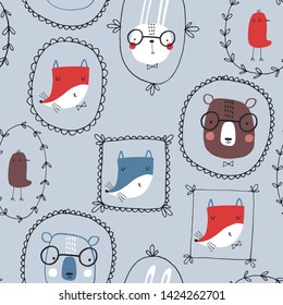 Seamless childish pattern with funny animals portraits: Forest in autumn. Creative scandinavian kids texture for fabric, wrapping, textile, wallpaper, apparel. Vector illustration in red, blue, gray