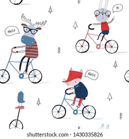Seamless childish pattern with funny animals on bicycles: Forest in autumn. Creative scandinavian kids texture for fabric, wrapping, textile, wallpaper, apparel. Vector illustration in red, blue