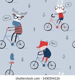 Seamless childish pattern with funny animals on bicycles: Forest in autumn. Creative scandinavian kids texture for fabric, wrapping, textile, wallpaper, apparel. Vector illustration in red, blue