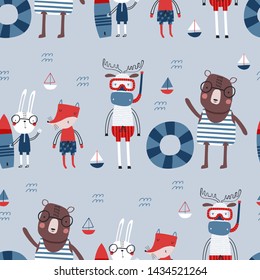 Seamless childish pattern with funny animals in a swimming suits on the beach. Creative scandinavian kids texture for fabric, wrapping, textile, wallpaper, apparel. Vector illustration in red, blue 