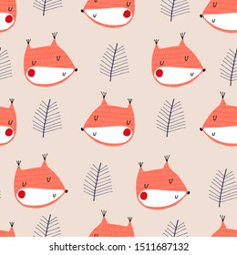 Seamless childish pattern with funny animals: Autumn in forest. Creative scandinavian kids texture for fabric, wrapping, textile, wallpaper, apparel. Vector illustration in orange, blue and beige.