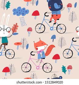 Seamless childish pattern with funny animals on: Forest in autumn. Creative scandinavian kids texture for fabric, wrapping, textile, wallpaper, apparel. Vector illustration in orange, blue and green.