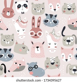 Seamless childish pattern with funny animals faces . Creative scandinavian kids texture for fabric, wrapping, textile, wallpaper, apparel. Vector illustration