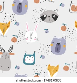Seamless childish pattern with funny animals faces: Forest in autumn. Creative scandinavian kids texture for fabric, wrapping, textile, wallpaper, apparel. Vector illustration.