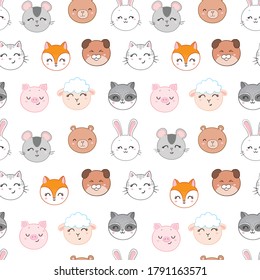 Patrón infantil sin foco con caras de animales divertidos. Textura de niños escandinavos creativos para tela, envoltura, textil, papel pintado, vestimenta. Ilustración del vector