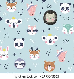 Seamless childish pattern with funny animals faces . Creative scandinavian kids texture for fabric, wrapping, textile, wallpaper, apparel. Vector illustration