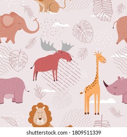 Seamless childish pattern with funny animals faces . Creative scandinavian kids texture for fabric, wrapping, textile, wallpaper, apparel. Vector illustration