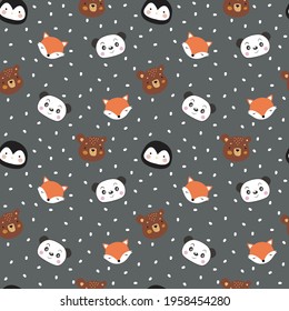 Seamless childish pattern with funny animals faces . Creative scandinavian kids texture for fabric, wrapping, textile, wallpaper, apparel. Vector illustration. Penguin, panda, fox, bear illustration