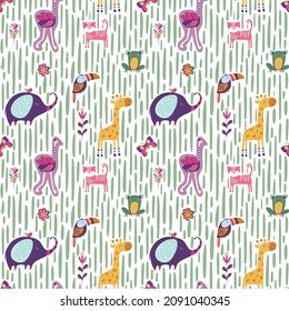 Seamless childish pattern with funny animals character . Creative scandinavian kids texture for fabric, wrapping, textile, wallpaper, apparel. Vector illustration. Cute animal print.