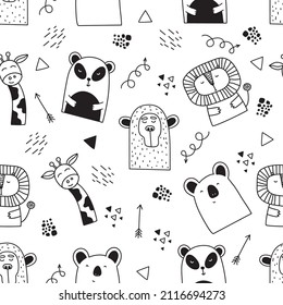 Seamless childish pattern with funny animals faces . Creative scandinavian kids texture for fabric, wrapping, textile, wallpaper, apparel. Vector illustration. Seamless pattern.