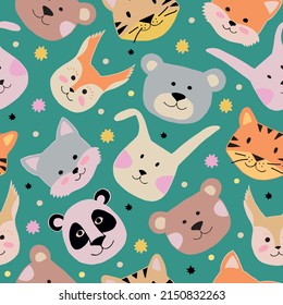 Seamless Childish Pattern With Funny Animals Faces. Cute Bear, Tiger, Panda, Squirrel, Bunny, Wolf Heads. Kids Texture For Fabric, Wrapping, Textile, Wallpaper. Vector Hand Drawn Illustration.