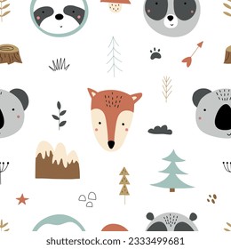 Seamless childish pattern with funny animals faces . Creative scandinavian kids texture for fabric, wrapping, textile, wallpaper, apparel. Vector illustration